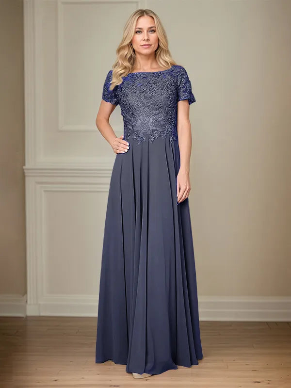 A Line Chiffon Boat Neck Short Sleeves Floor Length Pleated Mother of the Bride Dresses
