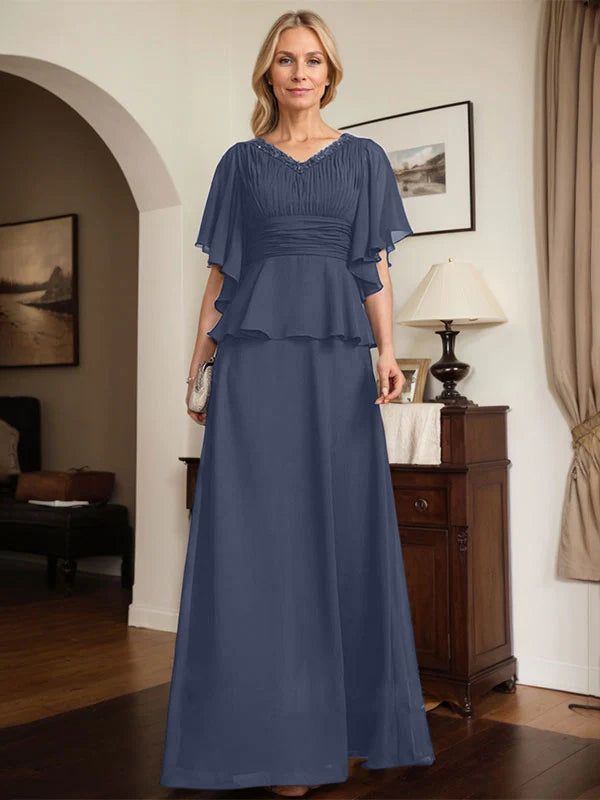 A-Linien Chiffon-Mutter-der-Braut-Kleid mit V-Ausschnitt, bodenlang, plissierte Perlenverzierung