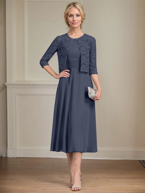A-Linien Rundhals Tee-Länge Chiffon Kleid für die Mutter der Braut mit Falten