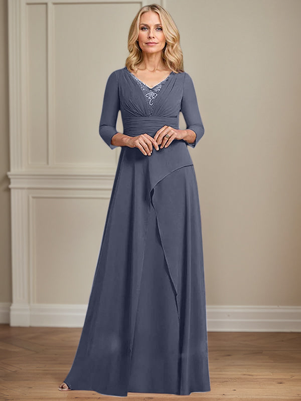 A-Linien Chiffon-Mutter-der-Braut-Kleid mit V-Ausschnitt, bodenlang, plissierte Perlenverzierung