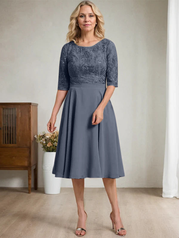 A-Linien Rundhalsausschnitt knielanges Spitzen-Chiffon Kleid für die Mutter der Braut