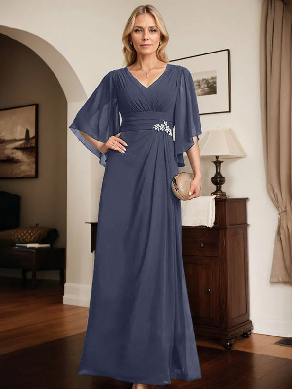 Etuikleid/Säule V-Ausschnitt bodenlanges Chiffon Mutter-der-Braut-Kleid mit plissierten Pailletten und Perlen