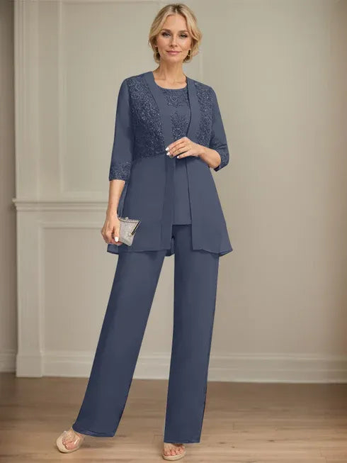 Combinaison/pantalon séparé en mousseline et dentelle, longueur au sol, col rond, robe mère de la mariée avec sequins