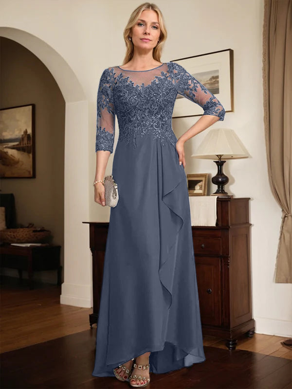 A-Linien Rundhals Illusions-Asymmetrische Spitze Chiffon Brautmutterkleid mit Pailletten und fallenden Rüschen