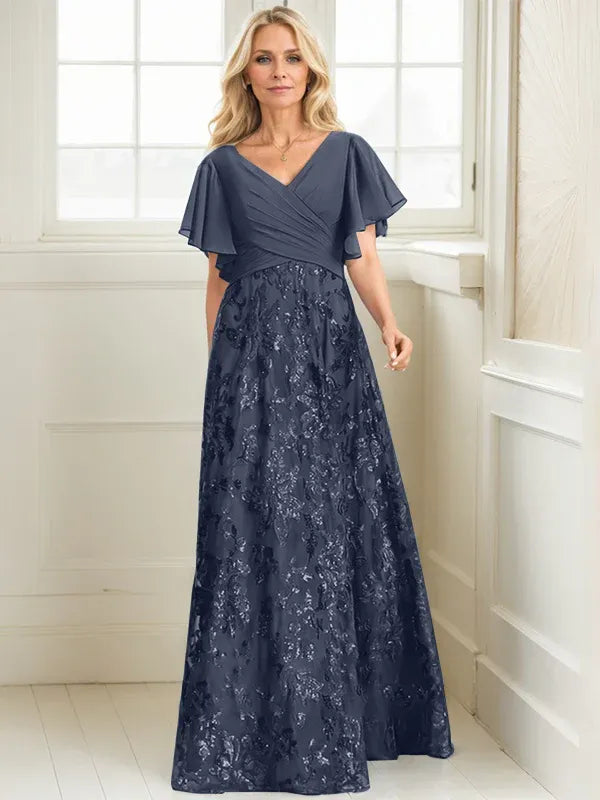 Vestido de madre de la novia en línea A con escote en V, largo hasta el suelo, encaje, lentejuelas y gasa plisada