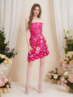 Strapless 3D Floral Short Yellow Homecoming Mini Dress