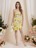 Strapless 3D Floral Short Yellow Homecoming Mini Dress