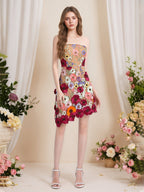 Strapless 3D Floral Short Yellow Homecoming Mini Dress