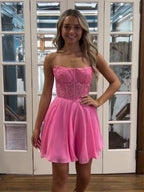 Strapless A Line Appliques Chiffon Short Homecoming Dress