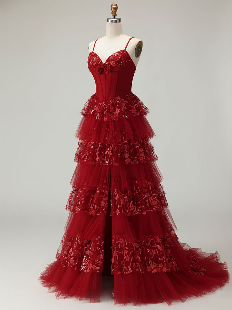 Robe de bal longue à volants avec corset et appliques florales 3D