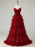 Robe de bal longue à volants avec corset et appliques florales 3D