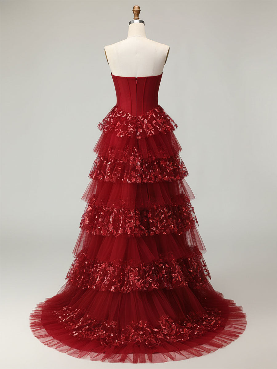 Robe de bal longue à volants avec corset et appliques florales 3D