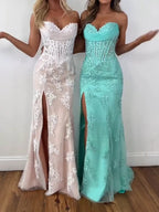 Strapless Corset Lace Floral Prom Dress with Thigh-High Slit
