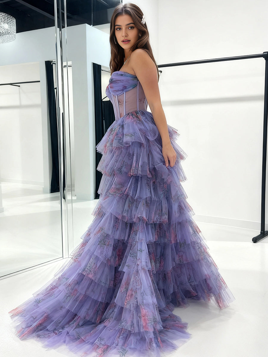 Vestido de fiesta sin tirantes con corsé, estampado floral, volantes en capas y abertura