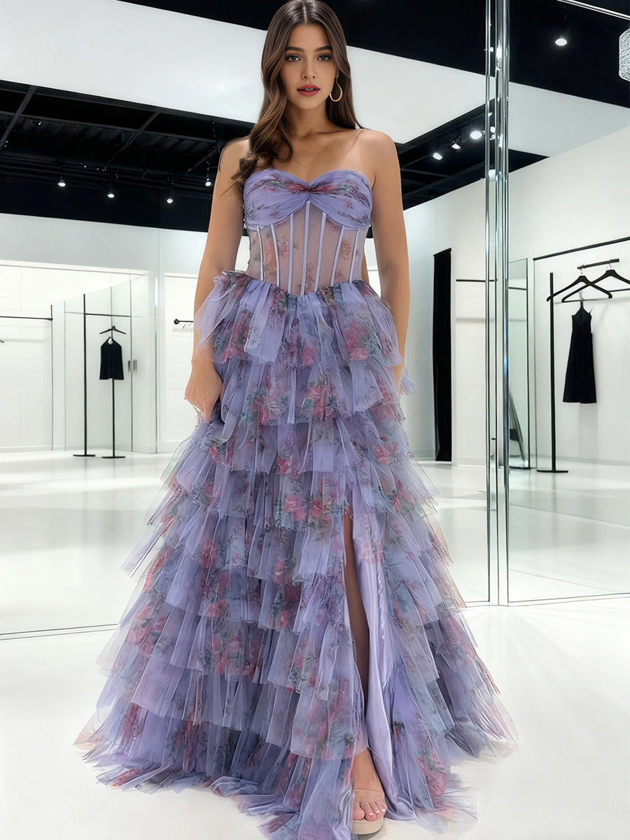 Vestido de fiesta sin tirantes con corsé, estampado floral, volantes en capas y abertura