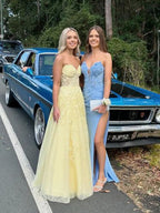 Strapless Lace Applique A-Line Empire-Waist Tulle Prom Dress