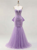 Strapless Mermaid Sequin Corset Ruched Long Prom Dress