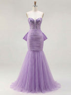 Strapless Mermaid Sequin Corset Ruched Long Prom Dress