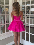 StraplessPinkAppliquesNeckTieredShortHomecomingDress