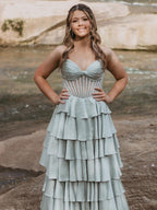 Strapless Pleated Corset Beaded Tiered Long Prom Dress