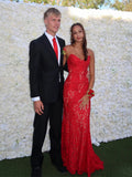 Strapless Red Lace Appliques Mermaid Long Prom Dress