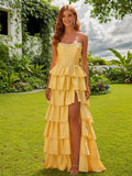 Strapless Satin Ruffle Tiered Beaded A Line Prom Dress with Slit