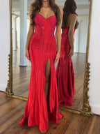 Navy Blue Strapless Sequin Prom Dress with Linear Beading