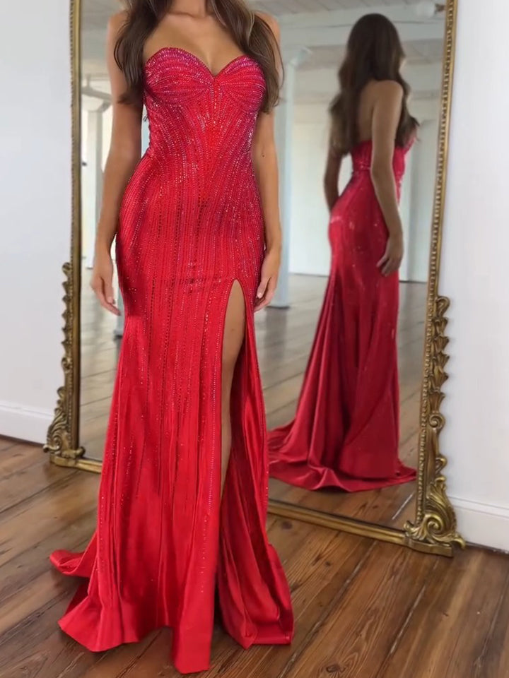 Navy Blue Strapless Sequin Prom Dress with Linear Beading