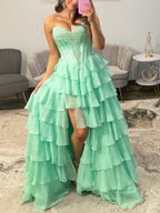Strapless Sweetheart Lace Embroidery Boned Tiered Long Prom Dress