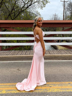 Robe longue de bal sirène rose à bretelles avec nœud dans le dos