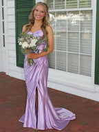 Straps Ruched Mermaid Long Prom Dress with Slit