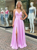 Robe de bal ligne A en satin rose doux à col en V avec fente