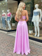 Robe de bal ligne A en satin rose doux à col en V avec fente