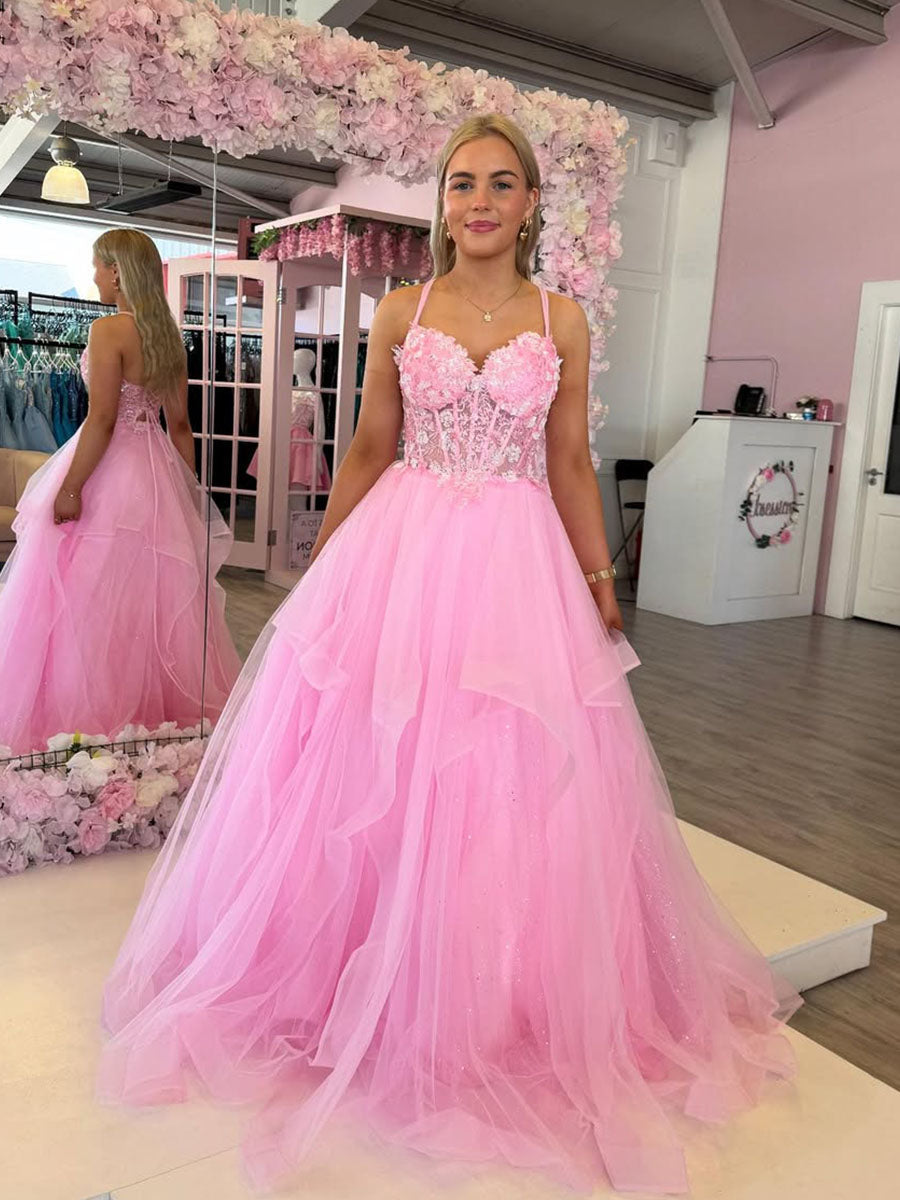 Vestido de graduación con escote corazón, corsé con flores 3D y falda de tul
