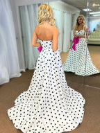 Sweetheart Dot Satin Long Prom Dress with Bow