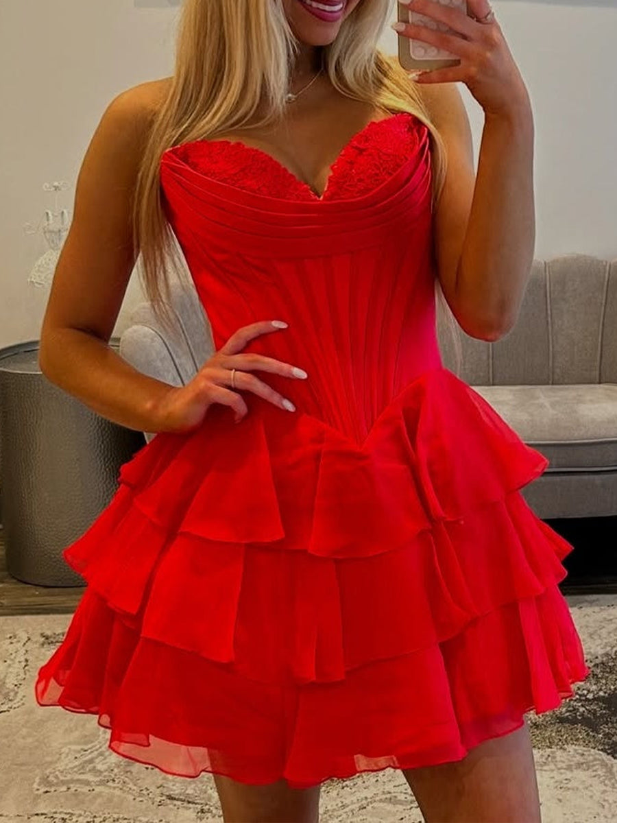 Vestido curto para festa de formatura, corte em A, corpete com babados