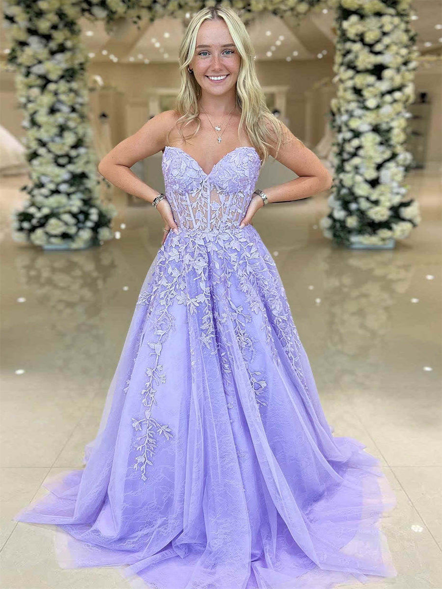 Sweetheart Strapless Lace Corset A-Line Long Prom Dress