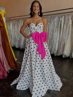 Sweetheart Dot Satin Long Prom Dress with Bow