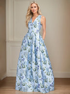 Robe mère de la mariée bleu clair ligne A à encolure en V florale