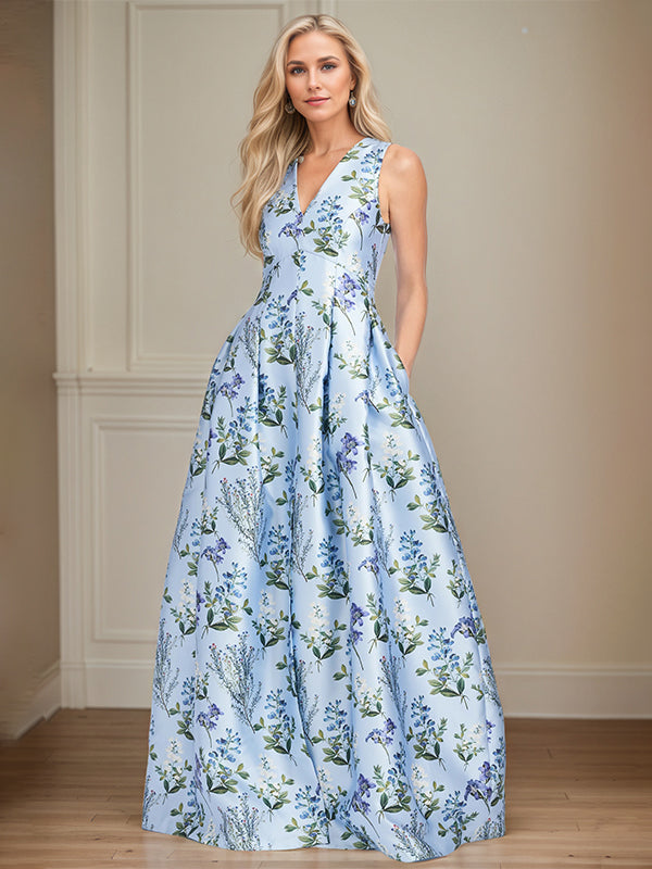 Robe mère de la mariée bleu clair ligne A à encolure en V florale