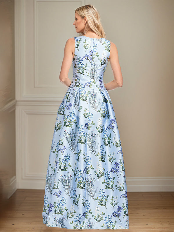 Robe mère de la mariée bleu clair ligne A à encolure en V florale