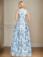 Robe mère de la mariée bleu clair ligne A à encolure en V florale