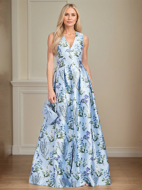 Robe mère de la mariée bleu clair ligne A à encolure en V florale