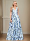 Robe mère de la mariée bleu clair ligne A à encolure en V florale