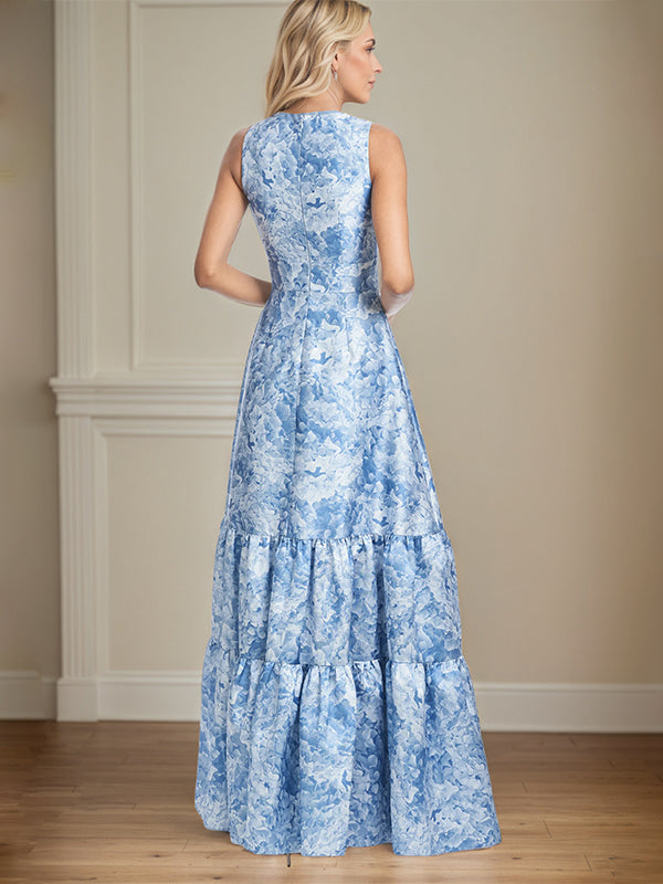 A-Linien V-Ausschnitt hellblaues florales Satin Brautmutterkleid