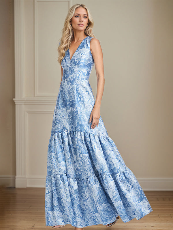 A-Linien V-Ausschnitt hellblaues florales Satin Brautmutterkleid