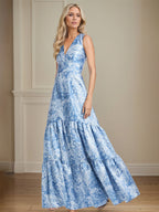 A-Linien V-Ausschnitt hellblaues florales Satin Brautmutterkleid
