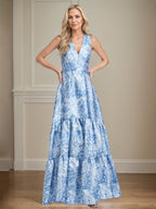 A-Linien V-Ausschnitt hellblaues florales Satin Brautmutterkleid