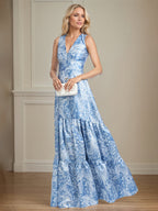 A-Linien V-Ausschnitt hellblaues florales Satin Brautmutterkleid