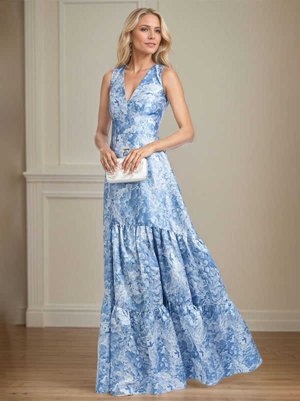 A-Linien V-Ausschnitt hellblaues florales Satin Brautmutterkleid